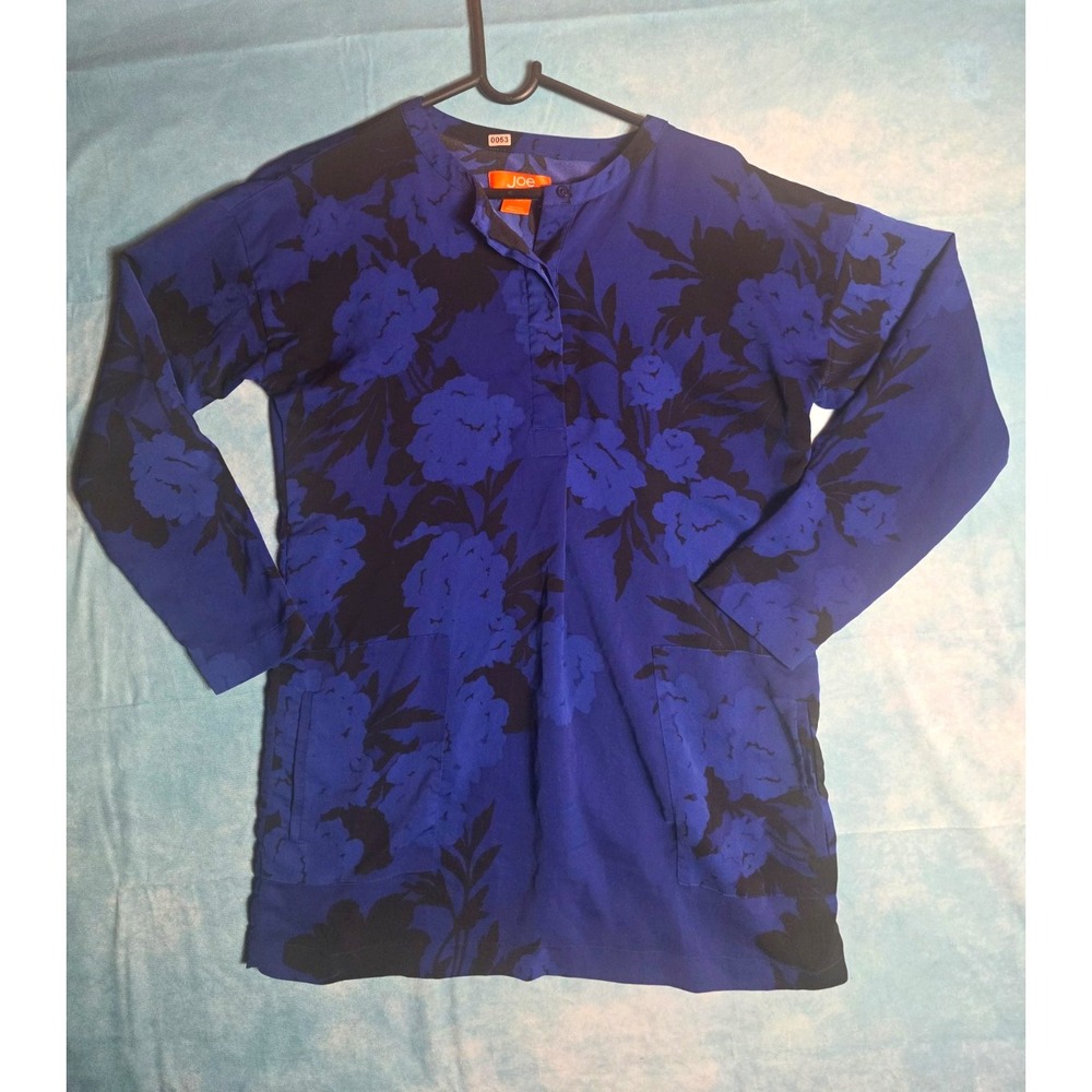 Joe Fresh Women's Blue/Black Floral Long Sleeve Button Blouse Pockets Size S